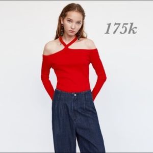 Zara ribbed top trafaluc long sleeve women's S red